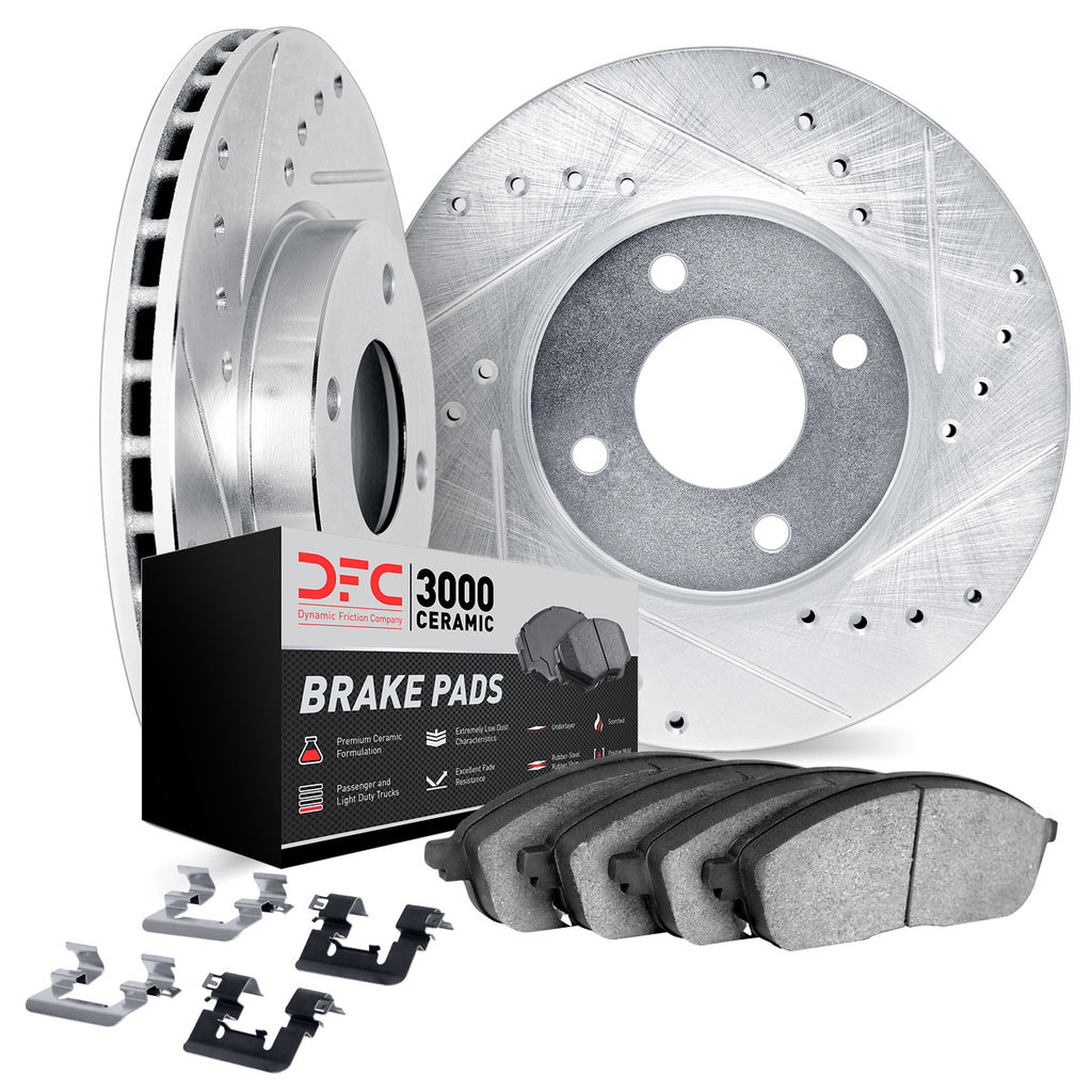 Dynamic Friction 7312-01007 - Brake Kit - Silver Zinc Coated Drilled and Slotted Rotors and 3000 Ceramic Brake Pads with Hardware