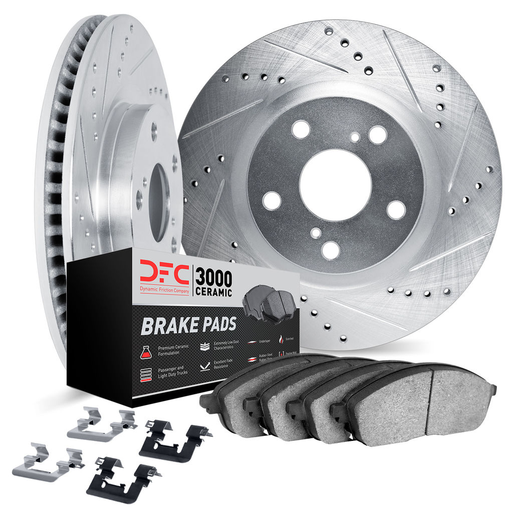 Dynamic Friction 7312-01008 - Brake Kit - Silver Zinc Coated Drilled and Slotted Rotors and 3000 Ceramic Brake Pads with Hardware