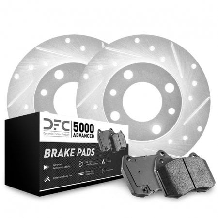 Dynamic Friction 7512-03007 - Brake Kit - Drilled and Slotted Silver Rotors with 5000 Advanced Brake Pads includes Hardware